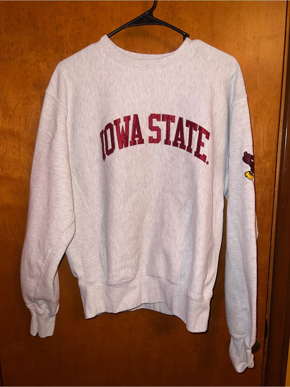 Source Unknown Light Gray Crewneck with Cardinal Red Iowa State Arch